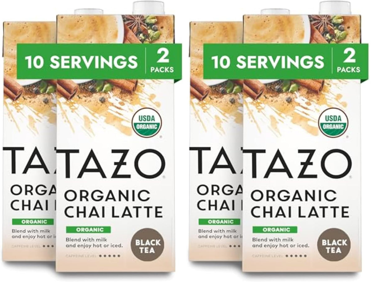 TAZO Organic Chai Latte Concentrate 32 oz Carton 2-Pack USDA Organic Black Tea with Cinnamon Cardamom Ginger and Black Pepper Spices for Hot or Iced Chai Tea Lattes