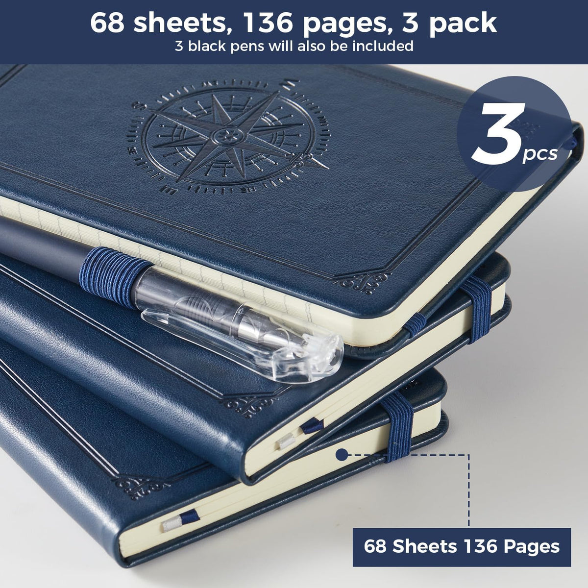 Small Notebook Pocket Journal, A6 3.7" x 5.7", 3 Pack, Black Leather Cover