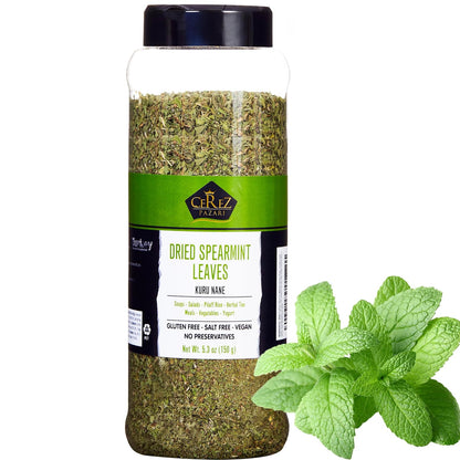 Cerez Pazari Dried Mint Leaves 5.3oz |%100 Natural, Non-irradiated, Non-GMO, Gluten Free, Raw Turkish Dried Spearmint Leaves, Crushed Peppermint Tea | Plastic Pet & Easy to Use Flapper Spice Cap