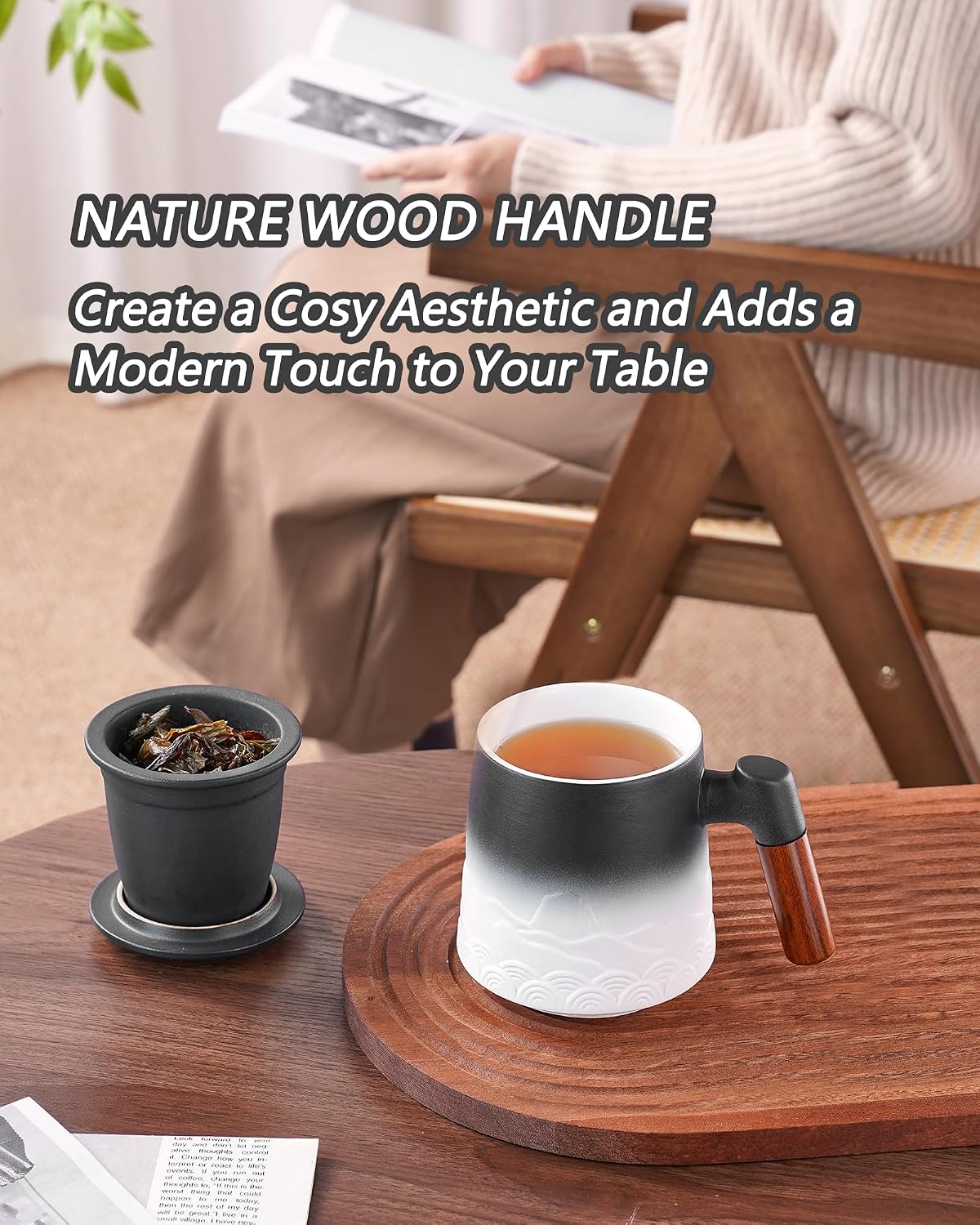 ZENS Embossed Ceramic Tea Mug with Infuser and Lid, 14.5 oz Wooden Handle, Loose Leaf Tea Steeper Cup & Strainer for Tea Lovers Gifts