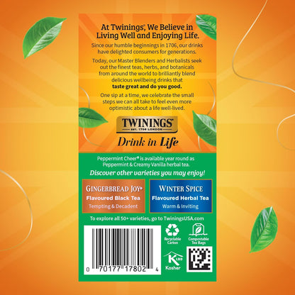 Twinings Peppermint Cheer Herbal Tea Individually Wrapped Bags, 20 Count (Pack of 6), Peppermint & Creamy Vanilla, Naturally Caffeine-Free, Enjoy Hot or Iced, 120 Teabags