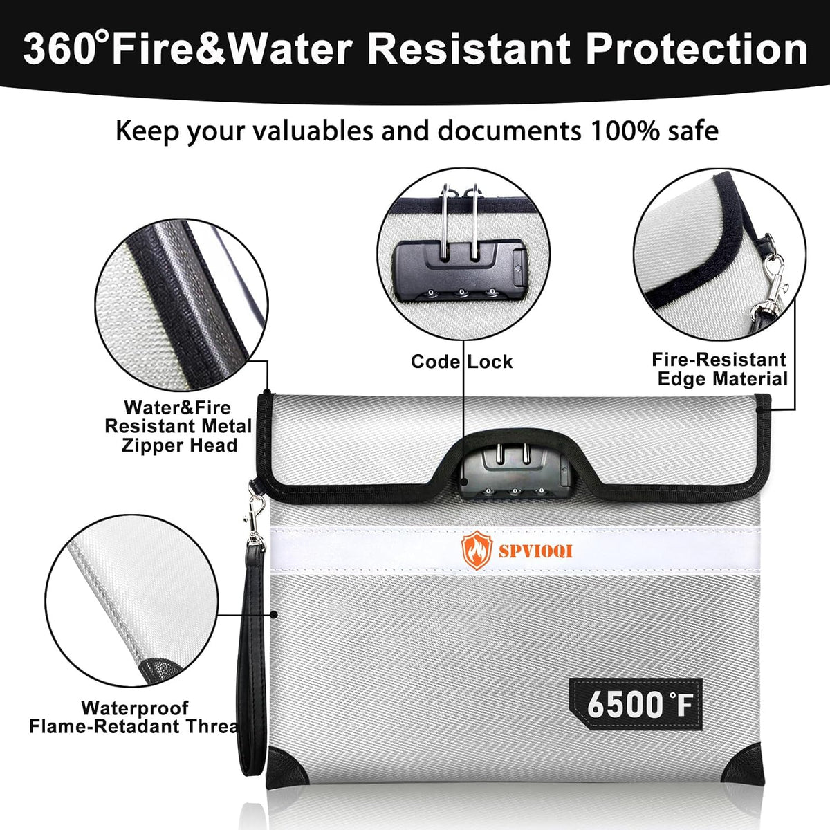 6500°F Upgraded Fireproof Document Bag with Lock, Fire proof Money Bag for Cash w. Zipper/Reflective Strip, 10 Layers of Heat Insulated Materials, Water Resistant Fireproof Bag for Documents, Fire Bag