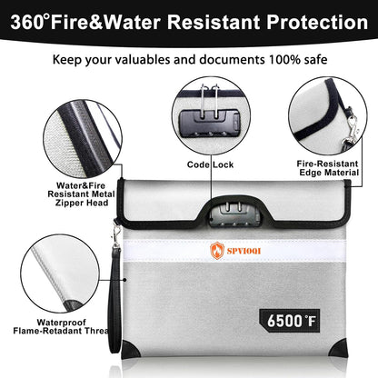 6500°F Upgraded Fireproof Document Bag with Lock, Fire proof Money Bag for Cash w. Zipper/Reflective Strip, 10 Layers of Heat Insulated Materials, Water Resistant Fireproof Bag for Documents, Fire Bag