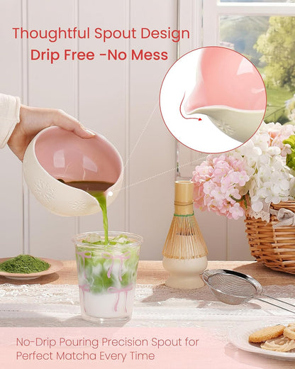 ZENS Matcha Whisk Set, Matcha Kit Set, Matcha Bowl with Spout, Bamboo Whisk & Scoop, Chasen Holder, 304 Sifter & Tea Mat, 6pcs Japaness Matcha Kit for Matcha Lovers, Birthday Gift, Pale Green