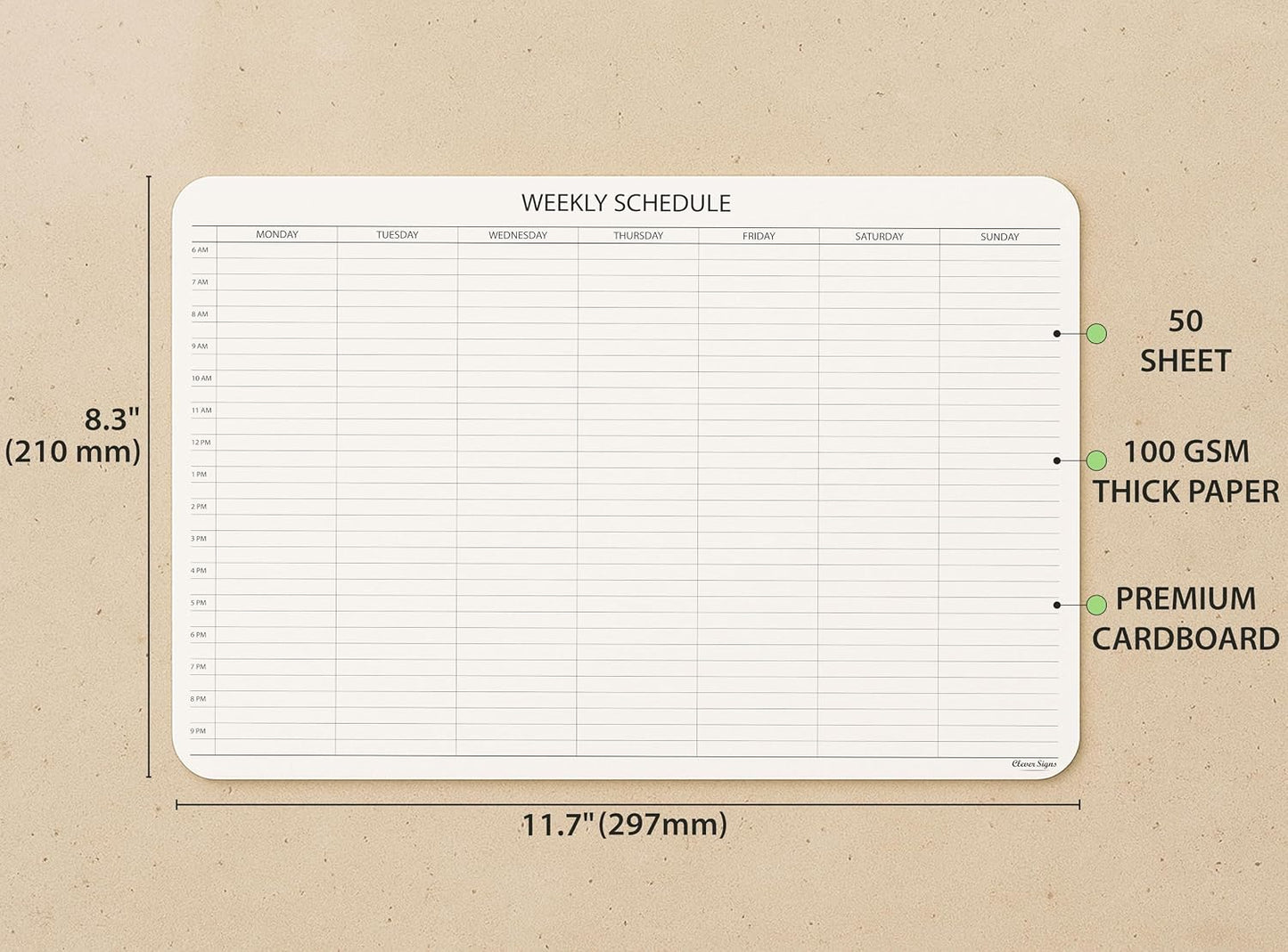Schedule Pad, Tear Off Undated Weekly Planner Notepad, A4 Size (8,3" X 11,7"), Premium Thick Paper with Cardboard Back Support, Weekly Desk Planner by CLEVER SIGNS