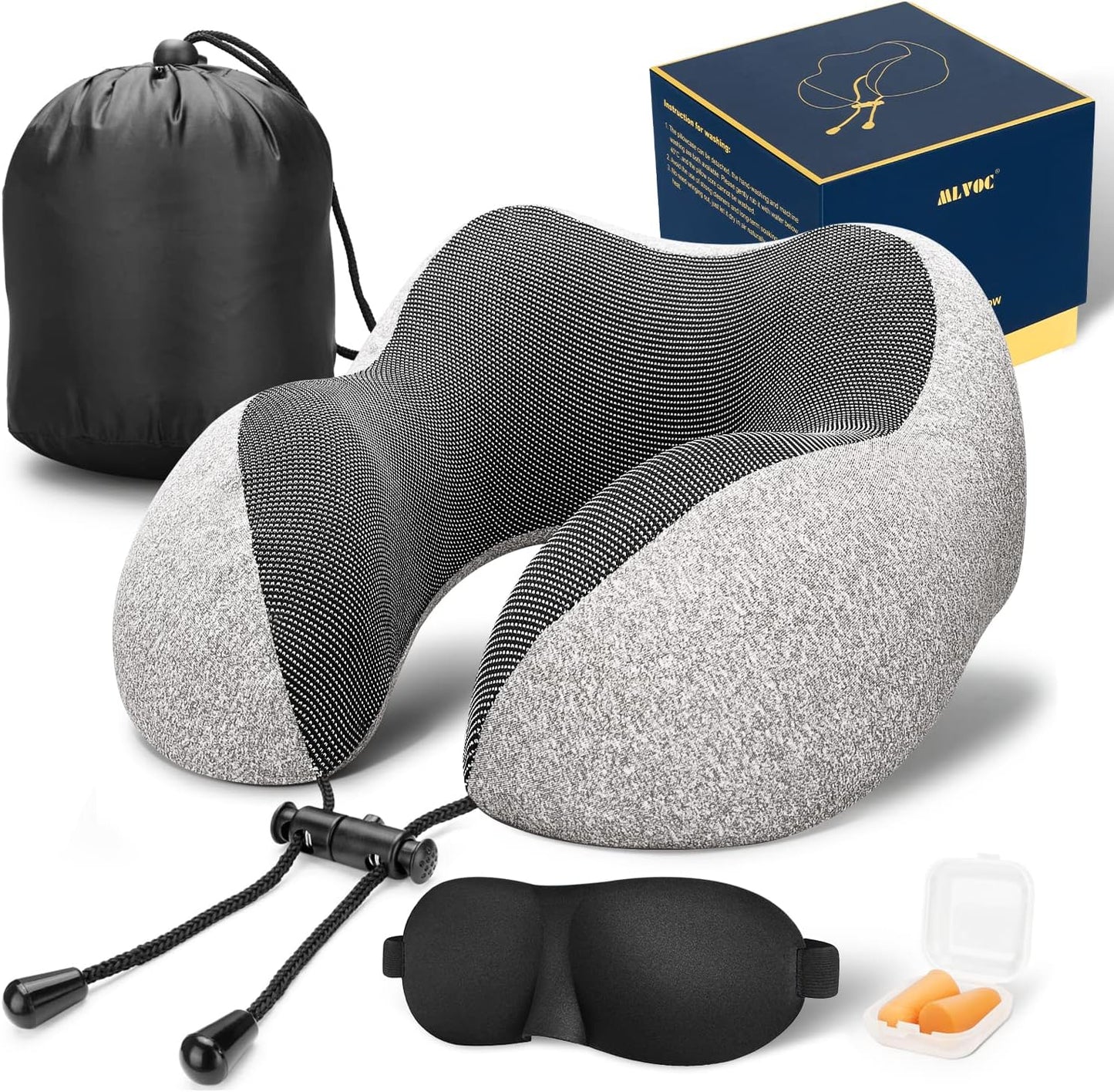 MLVOC Neck Pillow for Traveling, Upgraded 100% Pure Memory Foam Travel Neck Pillow for Airplane Flight Sleep, Breathable & Machine Washable Cover, Travel Kit with 3D Eye Mask, Earplugs & Bag, Black