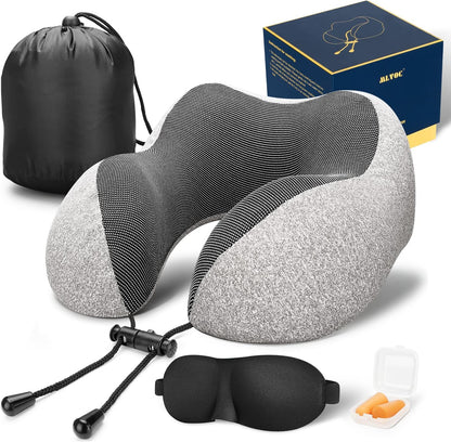 MLVOC Neck Pillow for Traveling, Upgraded 100% Pure Memory Foam Travel Neck Pillow for Airplane Flight Sleep, Breathable & Machine Washable Cover, Travel Kit with 3D Eye Mask, Earplugs & Bag, Black