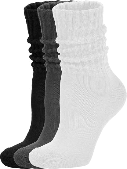 AugRing Women's Scrunch Crew Socks Retro 3-Pack Solid Cotton Boot Calf Chunky Ribbed Cozy Slouchy Socks Size 5-11