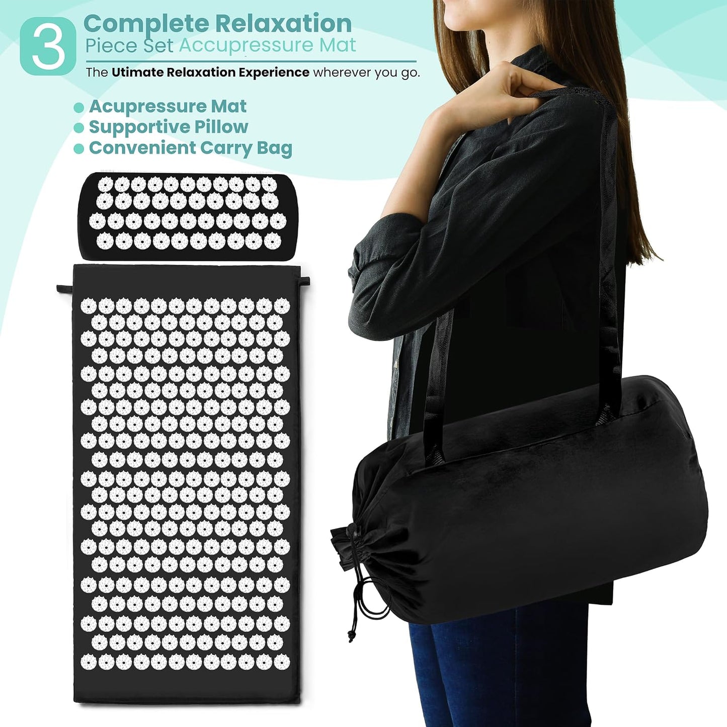 Sivan Health and Fitness Acupressure Mat and Pillow Set - Grounding Mat for Stress, Back & Neck Pain - Acupuncture Point Massage Mat for Muscle Relaxation, Sciatica, & Meditation - Includes Carry Bag