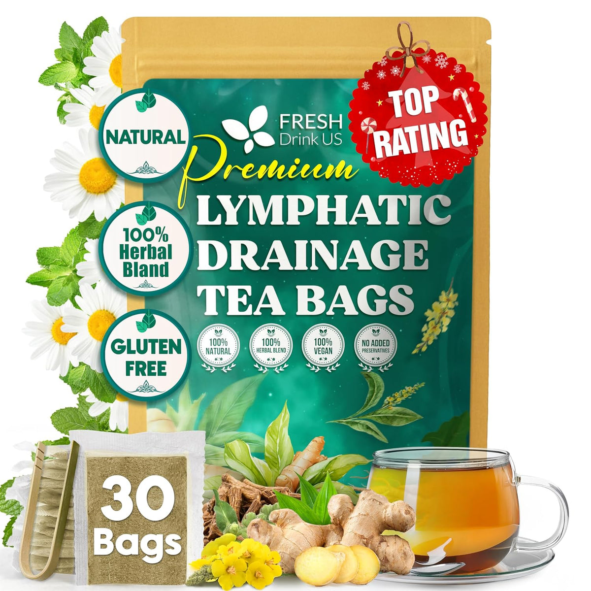 FreshDrinkUS, Lymphatic Drainage Tea | 30 Tea Bags | Herbal Tea Bags with Ginger, Dandelion Root, Burdock Root, Mullein, Calendula, Lemongrass, Rose, Licorice & Tulsi – Caffeine-Free Herbal Blend