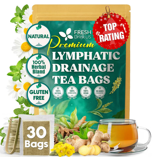 FreshDrinkUS, Lymphatic Drainage Tea | 30 Tea Bags | Herbal Tea Bags with Ginger, Dandelion Root, Burdock Root, Mullein, Calendula, Lemongrass, Rose, Licorice & Tulsi – Caffeine-Free Herbal Blend