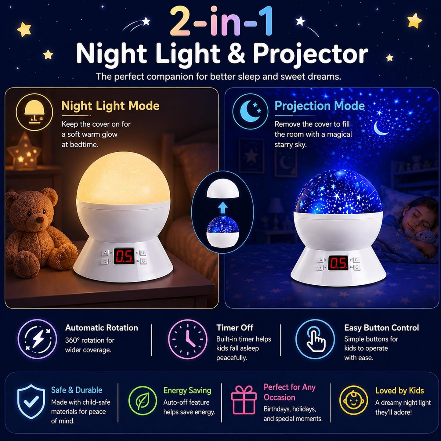 Kids Star Projector Night Light, Star Night Light Projector for Kids, Ceiling Stars Projection Lamp with Timer, 360° Rotating Night Light for Bedroom, Birthday Gift for 3 4 5 Year Old Girls Boys Black