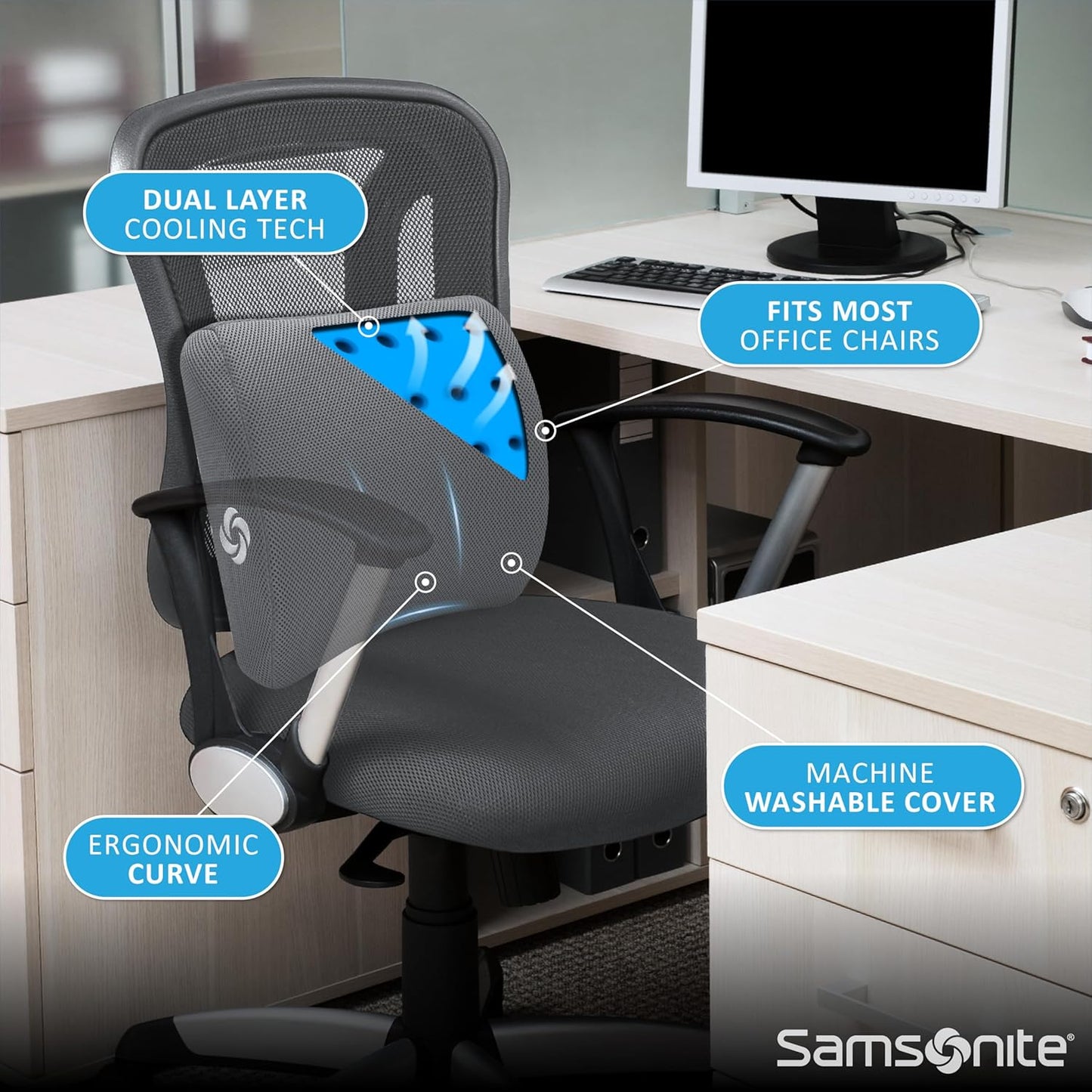 Samsonite Lumbar Support Pillow for Office Chair, Lower Back Support for Car, Back Pillow Desk Chair Cushion with Memory Foam, Improved Posture Backrest