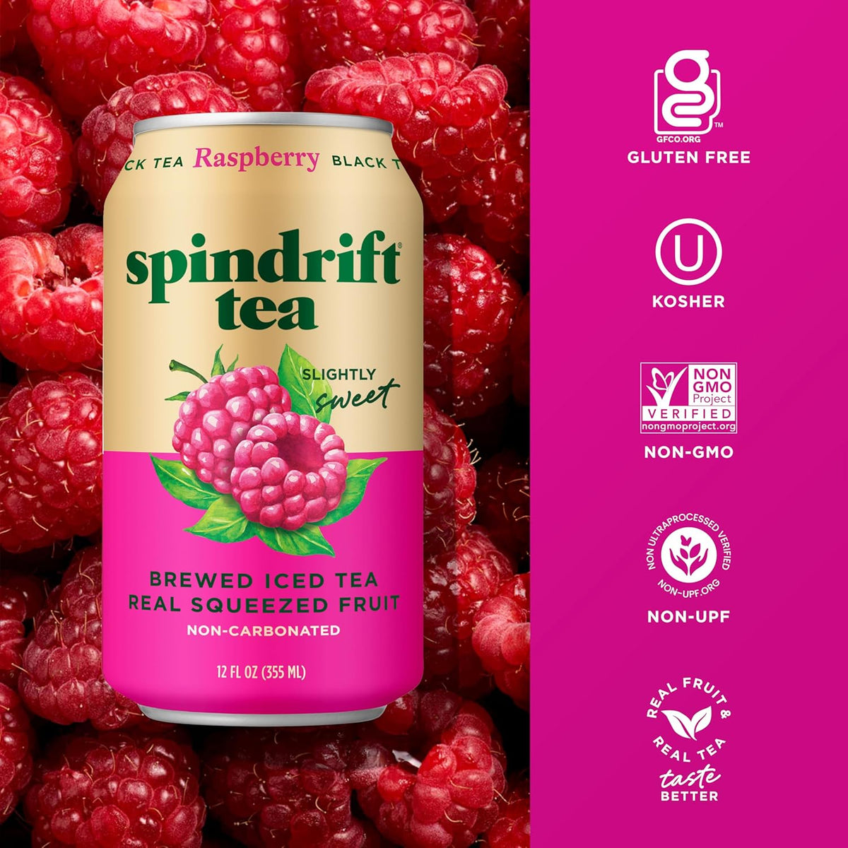 Spindrift Brewed Iced Tea, Raspberry Black Tea, Made with Real Squeezed Fruit, No Carbonation, Slightly Sweet, 12 Fl Oz Cans, Pack of 12 (Only 46 Calories per Can)