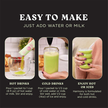 The Harmony Matcha Vanilla (10 Sticks) Premium Sweetened Japanese Matcha Powder, Rich in Antioxidants & L-Theanine, Dairy, Gluten, & Preservative Free, Serve Hot or Iced