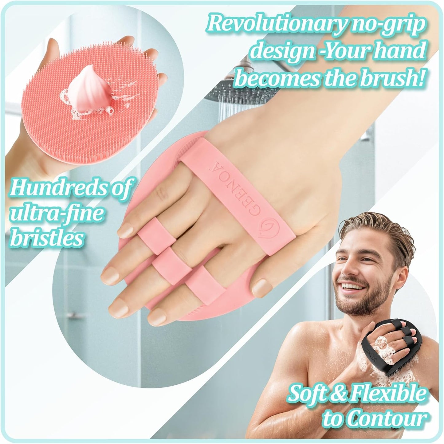 Silicone Back Scrubber & Bath Glove Set 2PCS, 13.4'' Gentle Shower Back Scrubber with Dual-Side Head Non-Slip Handle, 360° Anti-Slip Hand-fit Bath Glove for Rich Foaming Deep Cleaning(Black)