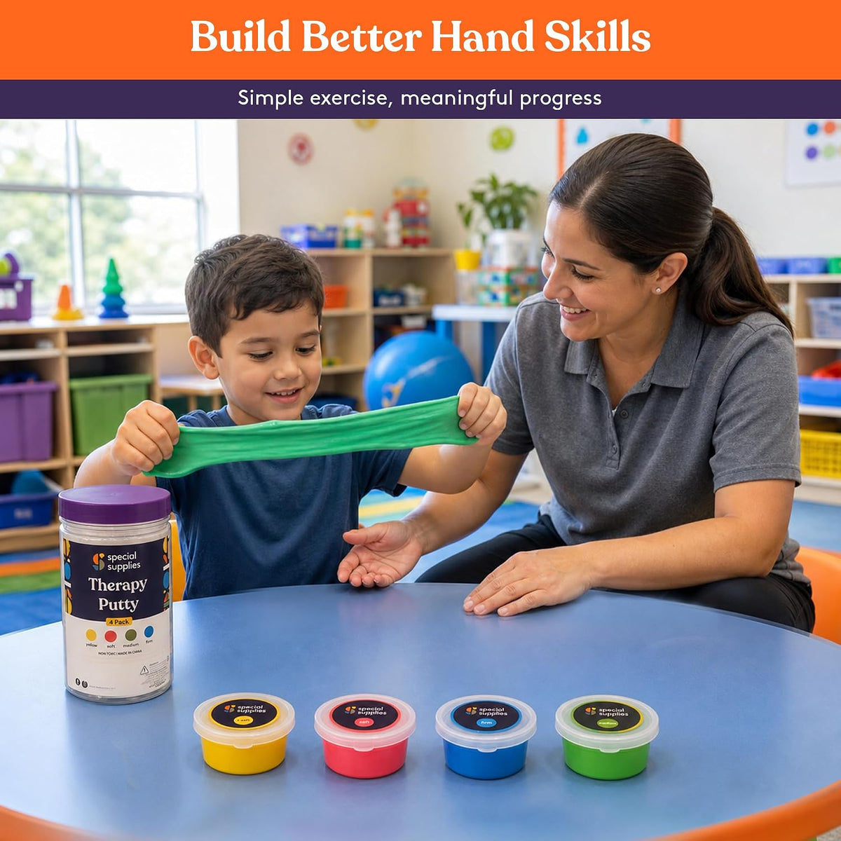 Special Supplies Therapy Putty for Kids and Adults - Resistive Hand Exercise Stress Relief Therapy Putty Kit, Set of 4 Strengths, Three Ounces of Each Putty