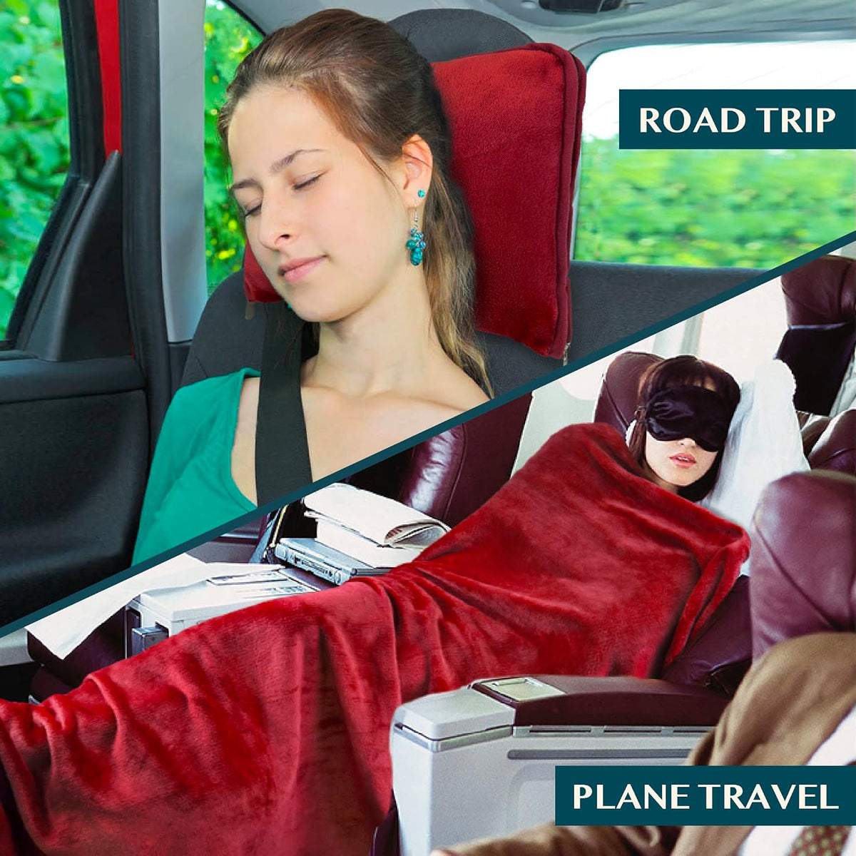 PAVILIA Travel Blanket Pillow, Soft Airplane Blanket 2-IN-1 Combo Set, Plane Blanket Compact Packable, Flight Essentials Car Pillow, Travelers Gifts Accessories Luggage Backpack Strap, 60x43 Teal Blue