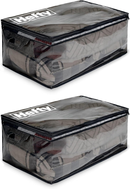 Hefty Storage Bags Extra Large Double Zipper Backpack, Heavy Duty Water Resistant Moving Totes with Shoulder Straps, Foldable Reusable Packing Organizers, (X-Large Black)