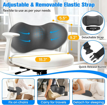 SweetSlubr Lumbar Support Pillow for Office Chair - Memory Foam Lumbar Pillow with Detachable Strap & Breathable Cover, Ergonomic Back Support for Office Chair, Car Seat Cushion, Bed Rest (Black)