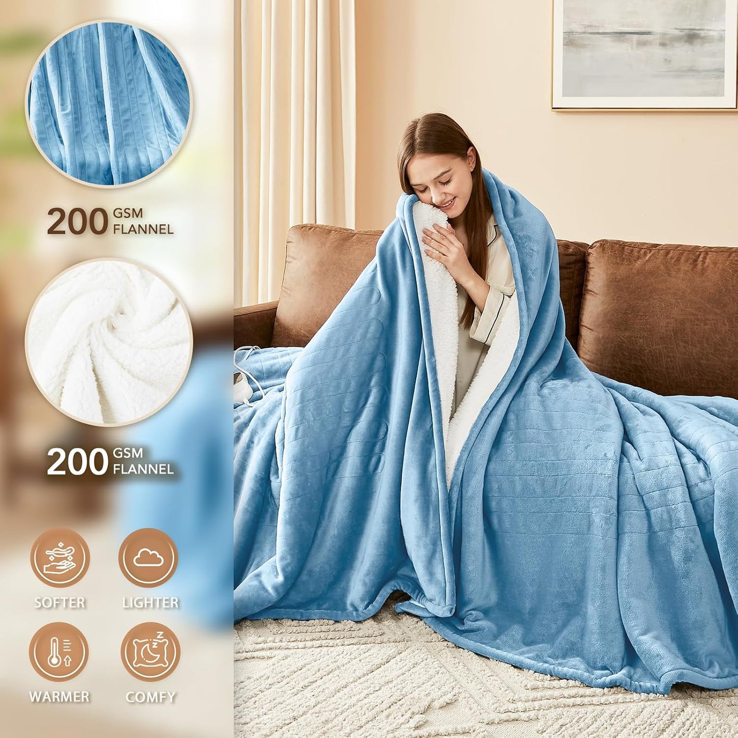 Homemate Electric Heated Blanket Twin - 62"x84" Heating Bed Blankets Throw with 10 Heating Levels 8 Hours Auto Off Fast Heating Over-Heated Protection Ultra Soft Warm Flannel ETL Certified Grey - Colors B