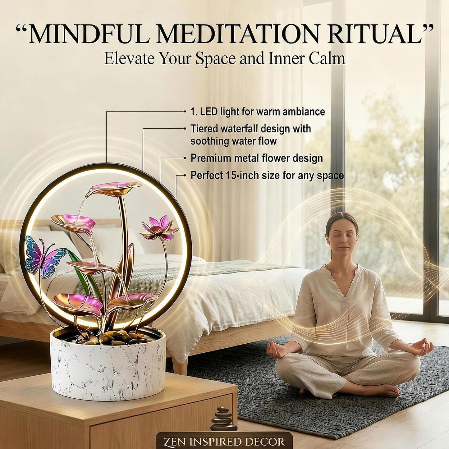 11‘’ H Gold Tabletop Water Fountain, Zen Desktop Waterfall, Indoor Lotus Desktop Decorative Fountain, Home Bathroom Bedroom Decor.