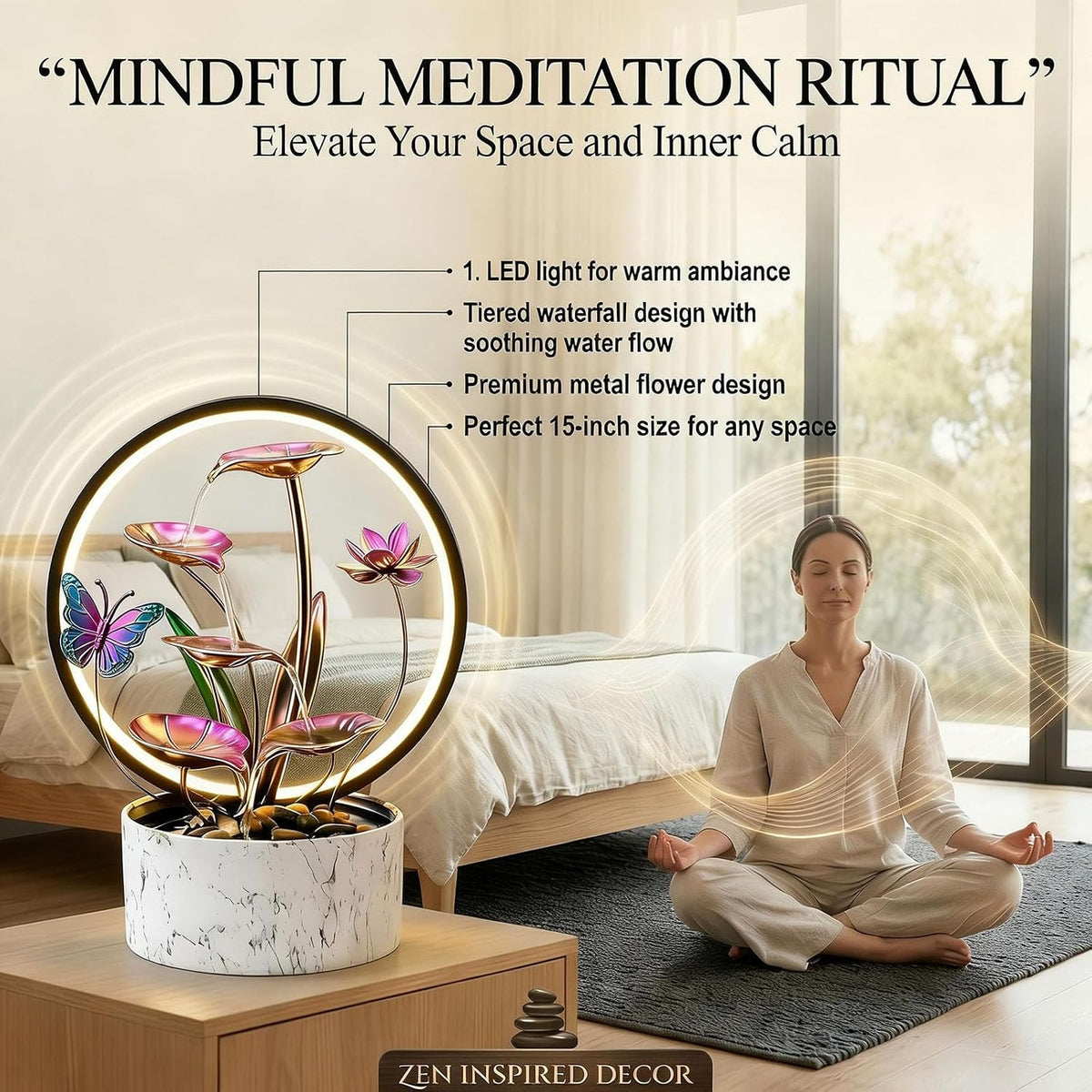11‘’ H Pink Tabletop Water Fountain, Zen Desktop Waterfall, Indoor Lotus Desktop Decorative Fountain, Home Bathroom Bedroom Decor.