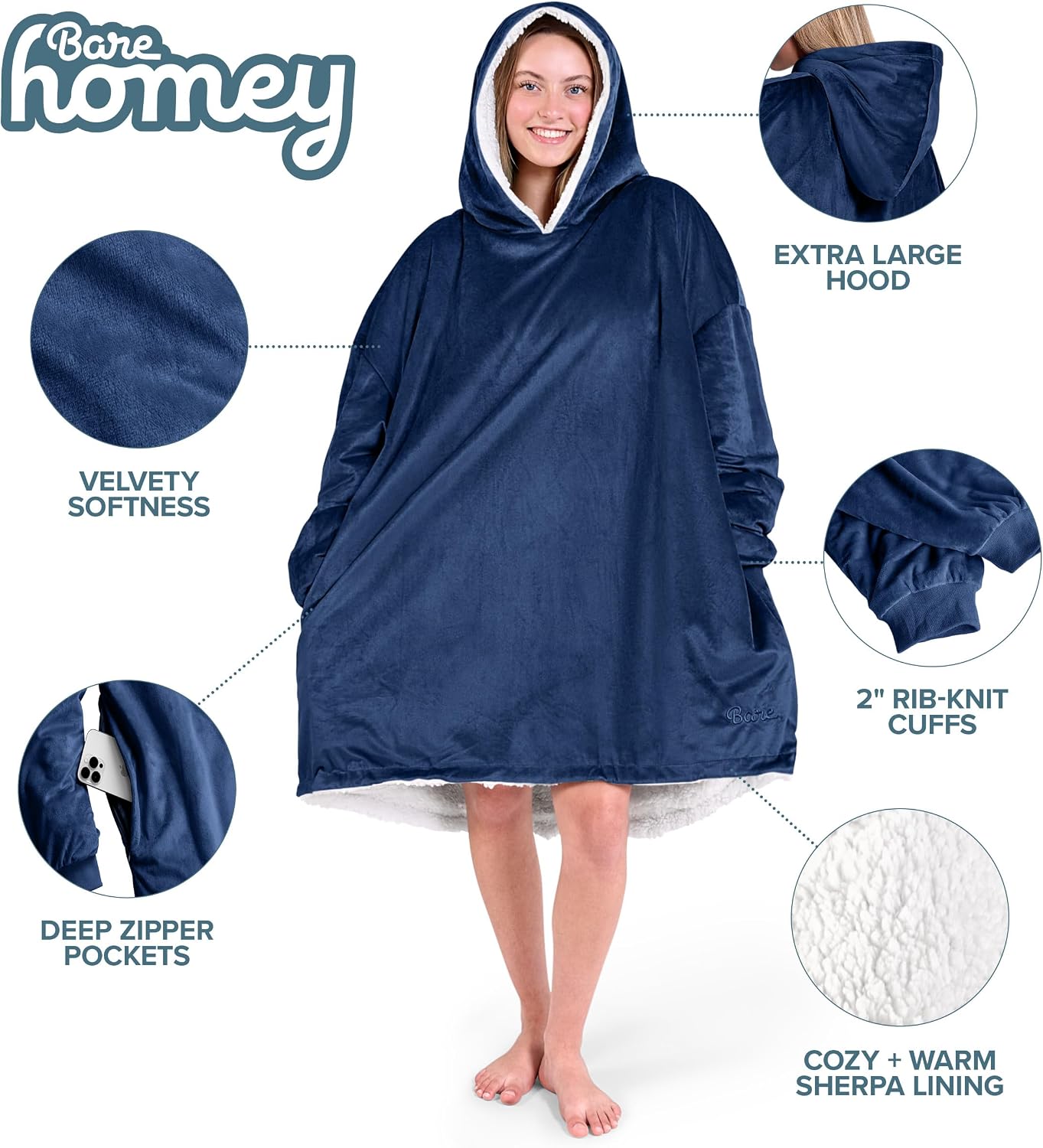 Bare Home Wearable Blanket Hoodie - Soft Plush Sherpa - Warm and Cozy - Oversized Wearable Blanket