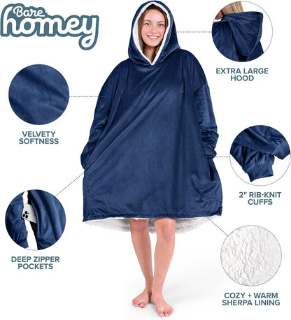 Bare Home Wearable Blanket Hoodie - Soft Plush Sherpa - Warm and Cozy - Oversized Wearable Blanket
