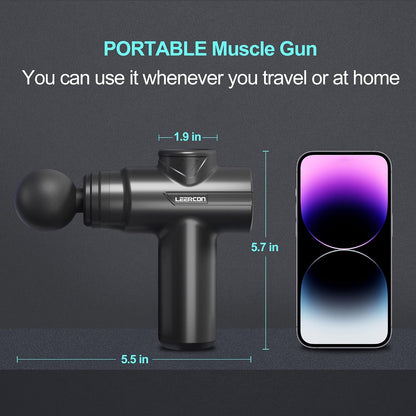 LEERCON Mini Massage Gun, Deep Tissue Relief, 6 Speeds, 4 Heads, Portable for Travel, Office & Home, Gift for Men & Women (Gray)