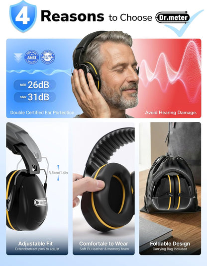 Dr.meter Ear Protection Ear Muffs, Noise Cancelling Headphones for Adults Kids 31dB Earmuffs for Noise Reduction, Hearing Protection for Shooting Gun Range, Mowing, Monster Jam, Sensory, Fireworks