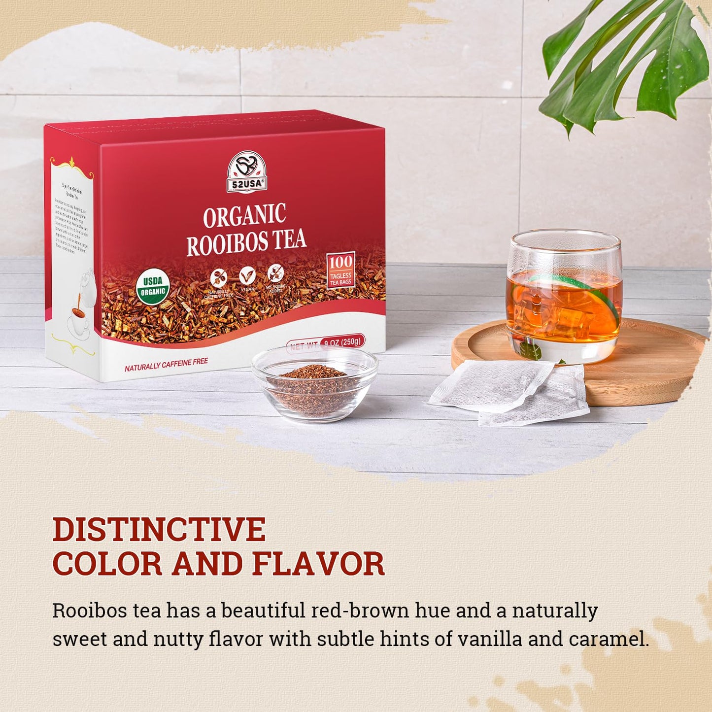 52USA Rooibos Tea Organic, 100 Tea bags, Pure Premuim Rooibos Tea, Naturally Sweet Herbal Tea, Caffeine Free Rooibos Tea, Farmed in South Africa, 9oz (250g)