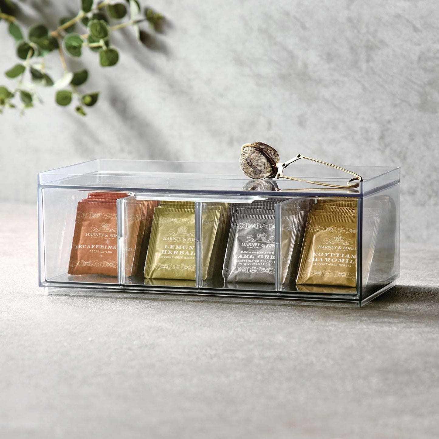 iDesign XL Tea Bag Organizer, Clear, 4-Section | For Counter, Storage Drawer for Cabinet