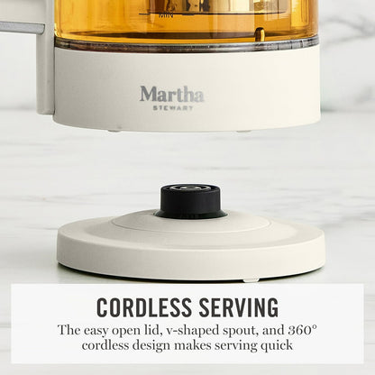 Martha Stewart Electric Kettle with Removable Stainless Steel Tea Infuser, Glass Carafe 1.7L (7 Cups), Hot Water Boiler, 4 Presets, Keep Warm & Auto Shut-Off, Cordless 360° Swivel Base, Honeydew Green