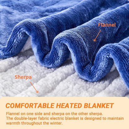 Electric Blanket Heated Throw, Soft Flannel 50"x60" Heating Blanket with 8 Hours Auto Off 10 Fast Heating Levels Machine Washable Sherpa Heated Blanket with Overheating Protection