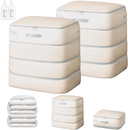 Comforter Storage Bag - 130L Large Capacity Blanket Storage Bags 4-Layer Ultra Space Saving Self Compression Organizer, Washable Compression Bags for Storage Comforter Blanket, Beige
