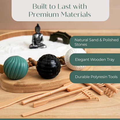 Zen Garden for Desk – Mini Zen Garden Kit for Calming Stress & Relaxing - Japanese Sand Box with Tray, Buddha, Tree, Sand, Rakes, Pebbles & Balls – Sensory Relaxation Gift for Home & Office Decor