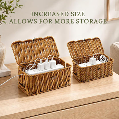 2 Pack Rattan Cable Management Box for Power Strip with 2 Exits