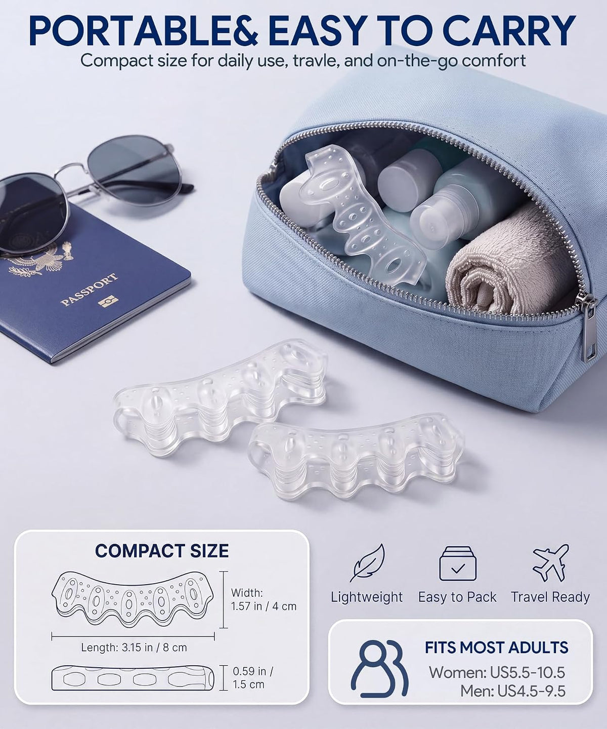 Soft Toe Spacers for Women and Men, Silicone Toe Separators with Breathable Airflow Channels, Washable Reusable Design for Daily Use, Stretching and Comfort, 1 Pair