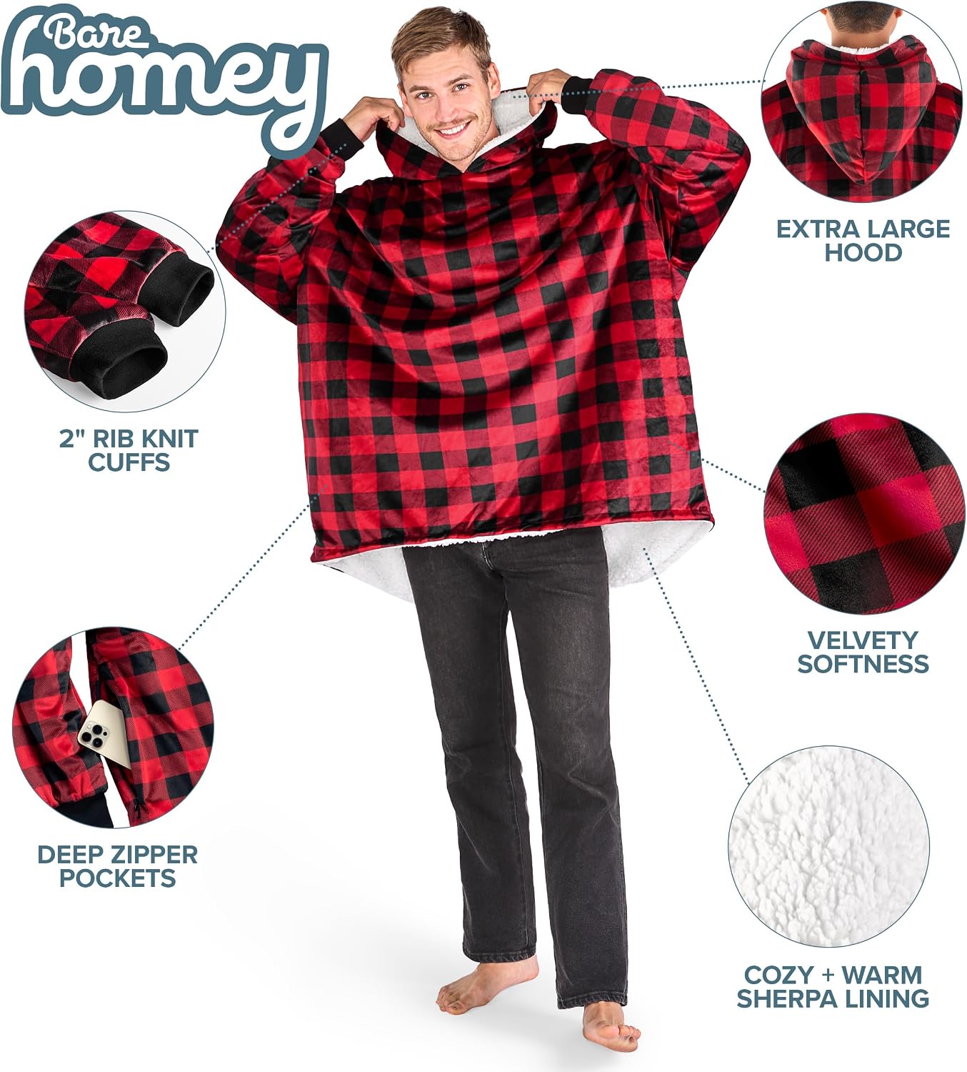Bare Home Wearable Blanket Hoodie - Soft Plush Sherpa - Warm and Cozy - Oversized Wearable Blanket