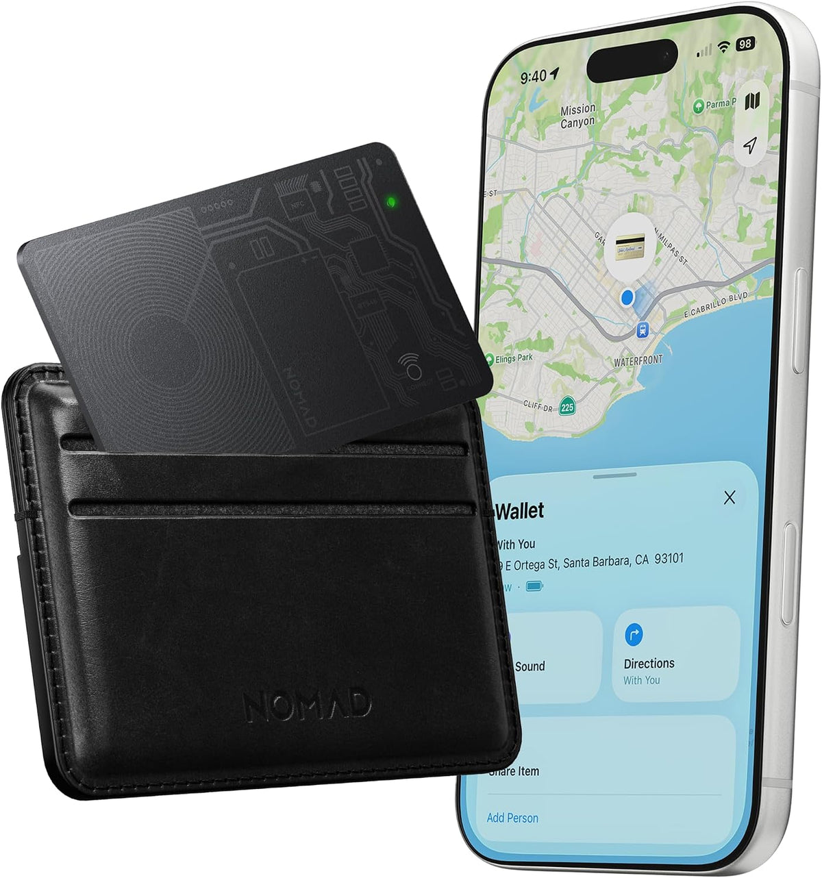 Nomad Tracking Card Carbide, Slim Card Tracker with IPX7 Waterproof and Dust Proof Card Tracker for Wallet & Luggage, 5 Months GPS Tracker Long Battery Life, Rechargeable, Compatible with iOS Only