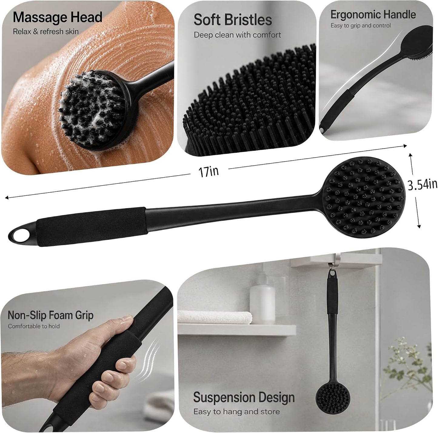 Back Scrubber for Shower, 15.7" Loofah with Handle, Back Shower Brush with Bristles and Loofah, Dry Brushing Body Brush for Cleanse Back and Hard to Reach Areas with Curved Long Handle