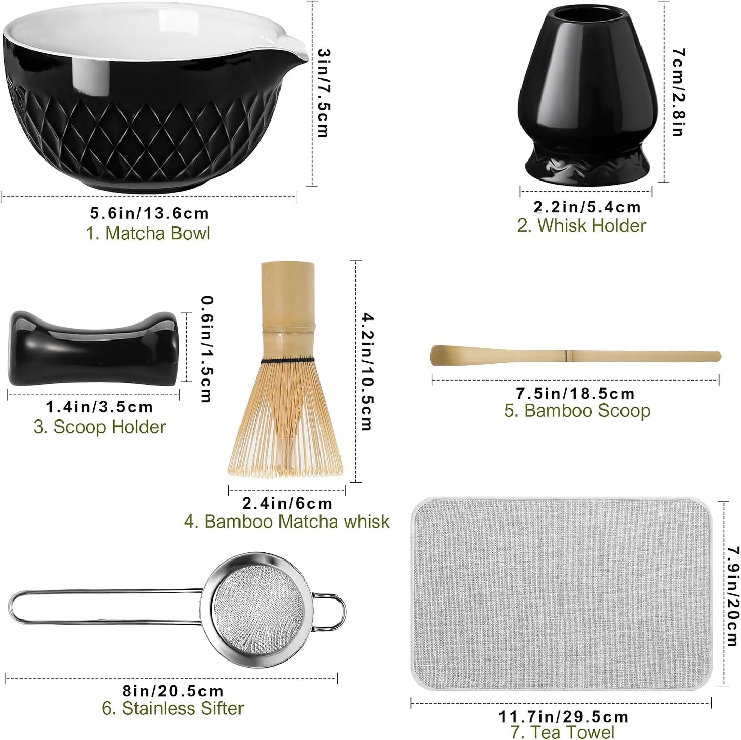 Matcha Whisk Set, 7 Pcs Matcha Kit, Ceramic Matcha Set Includes Matcha Bowl with Spout, Matcha Whisk and Holder, Bamboo Scoop, Scoop Rest, Sifter and Tea Towel (Ceramic White)