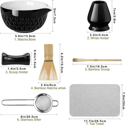 Matcha Whisk Set, 7 Pcs Matcha Kit, Ceramic Matcha Set Includes Matcha Bowl with Spout, Matcha Whisk and Holder, Bamboo Scoop, Scoop Rest, Sifter and Tea Towel (Ceramic White)