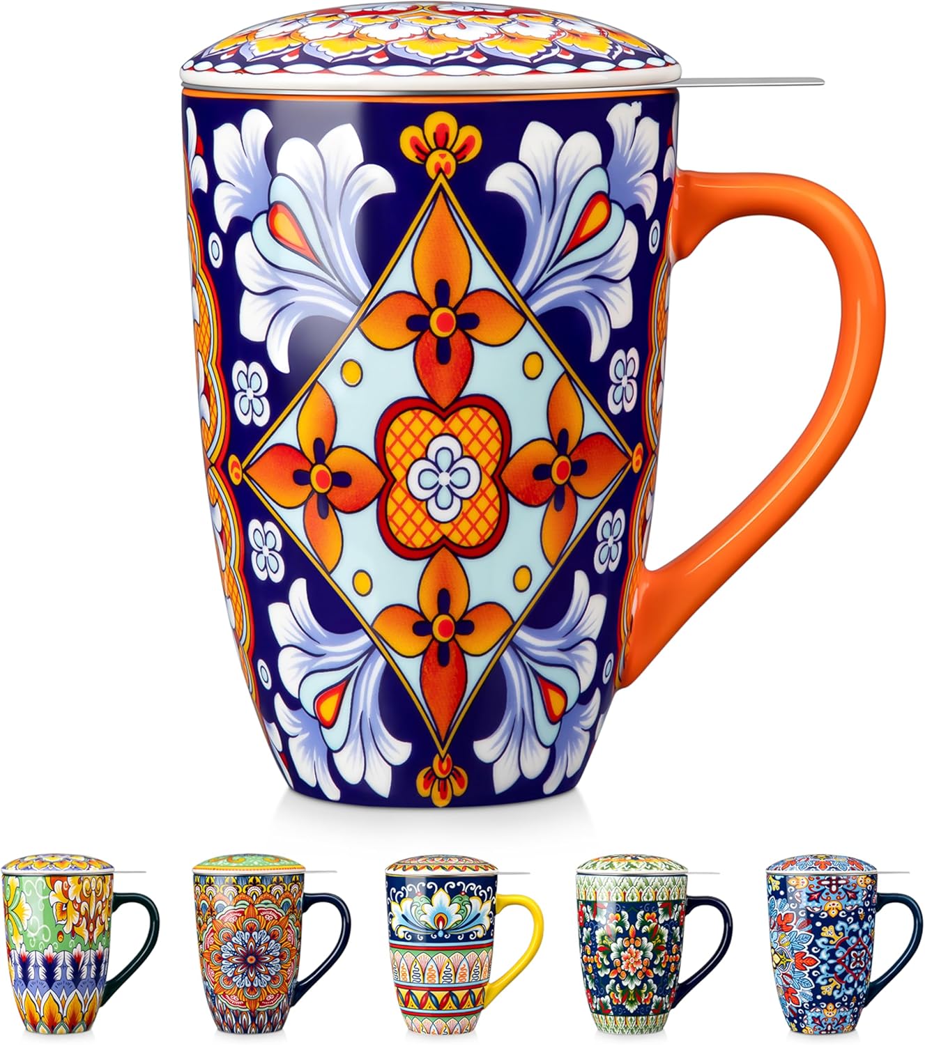 vancasso Ceramic Tea Mug with Infuser and Lid, 18 Ounce Bohemian Loose Leaf Cup, Microwave & Dishwasher Safe, Perfect for Tea, Coffee, Burnt-Cobalt Mandala