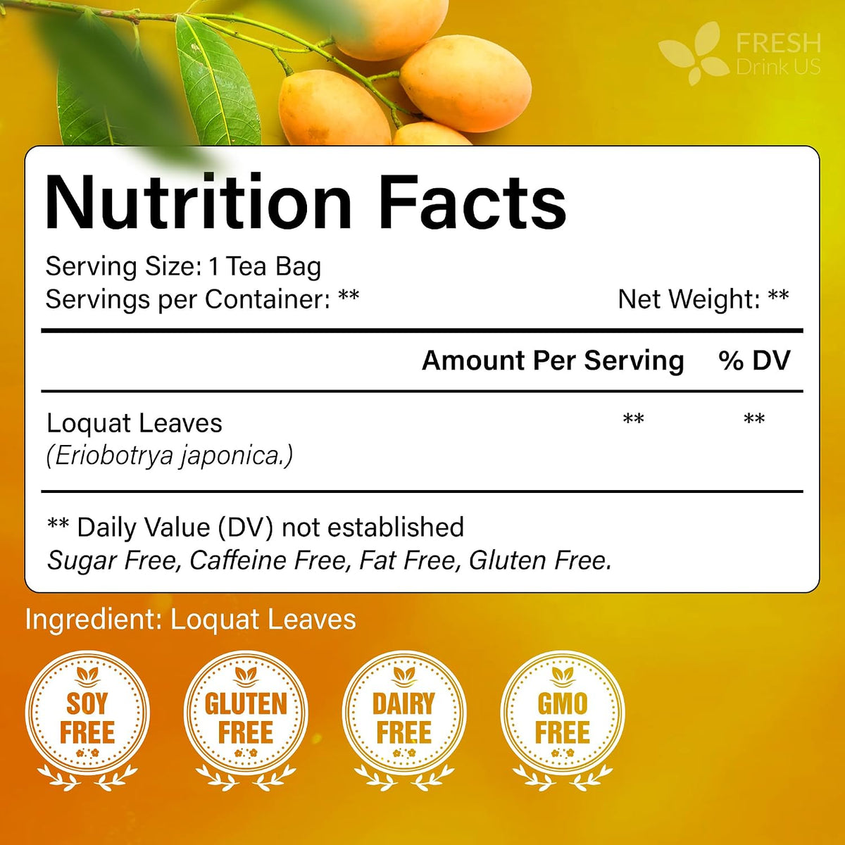 FreshDrinkUS, Premium Loquat Leaf Tea, 40 Count, Pure, Caffeine Free