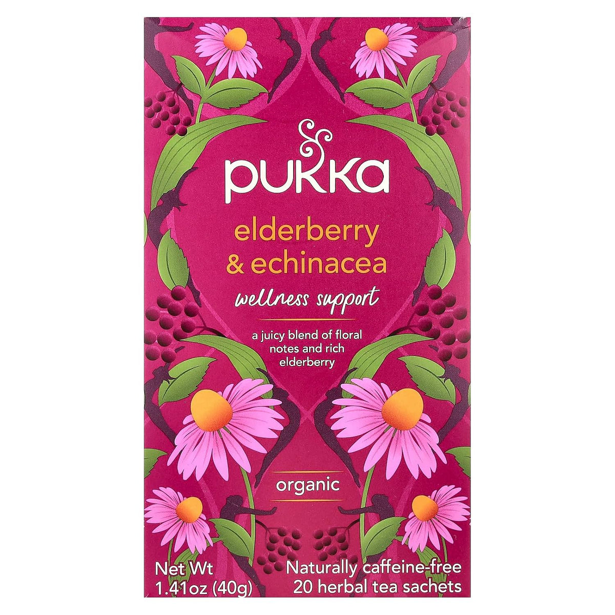 Pukka Elderberry & Echinacea Organic Herbal Tea, Perfect for Wellness Support, Caffeine Free, 20 Total Tea Bags