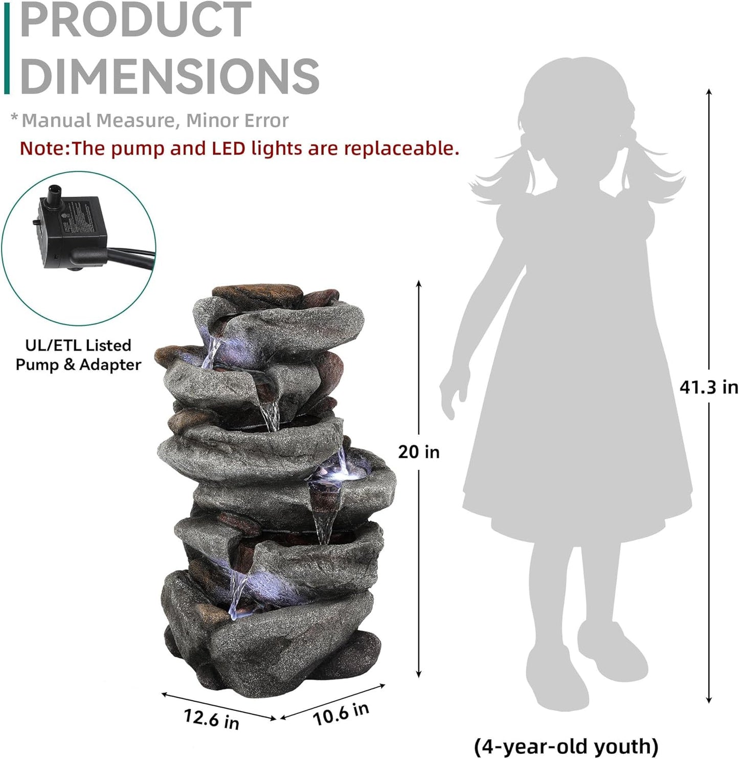 19.5" H 4-Tier Indoor & Outdoor Water Fountain with LED Lights | Resin Pebble Textured Tabletop Cascading Water Feature, Relaxing Decor for Patio, Porch, Deck, Yard & Home