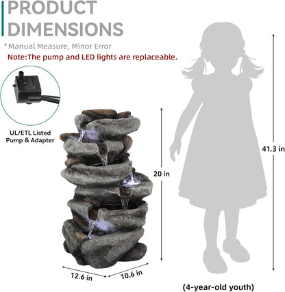 19.5" H 4-Tier Indoor & Outdoor Water Fountain with LED Lights | Resin Pebble Textured Tabletop Cascading Water Feature, Relaxing Decor for Patio, Porch, Deck, Yard & Home