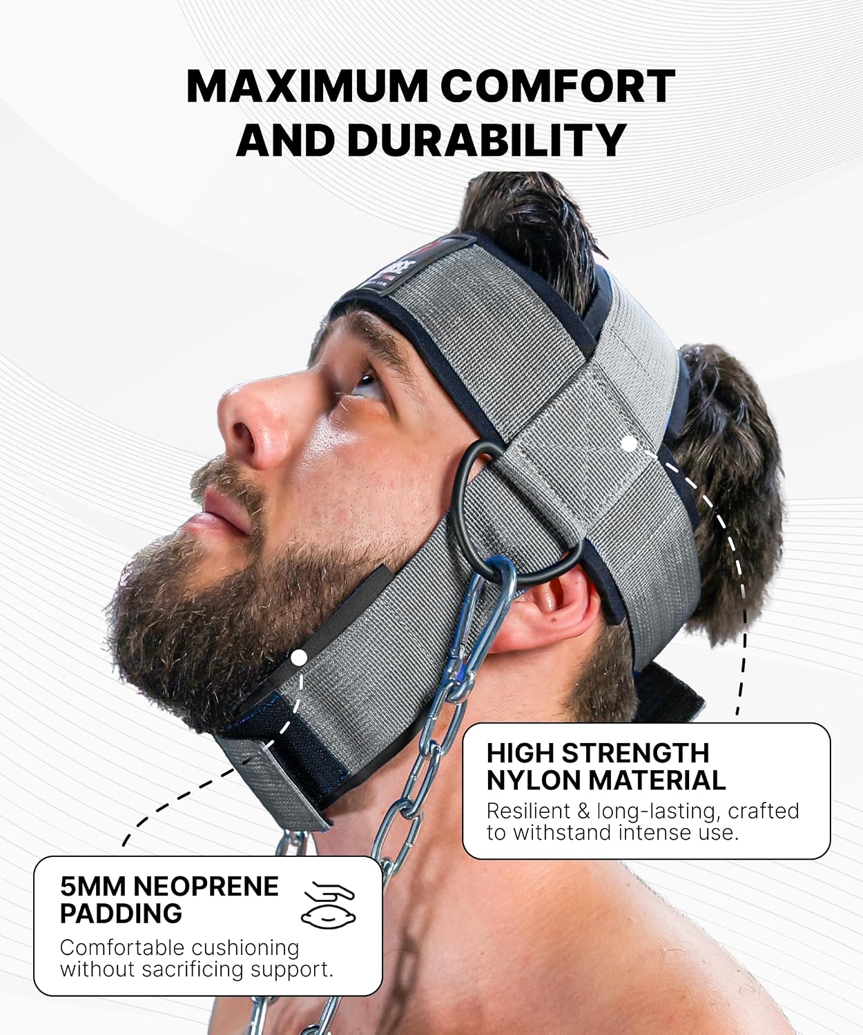 DMoose Fitness Neck Harness for Weight Lifting - Soft Padded Head & Chin Strap with 30" Heavy Duty Steel Chain - Neck Exerciser, Trainer & Strengthener to Support Injury Recovery and Intense Workouts